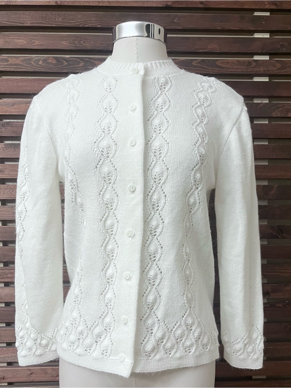 1970s 70s Vintage White Open Weave Button-Up 3/4 Sleeve Cardigan Knit Sweater L